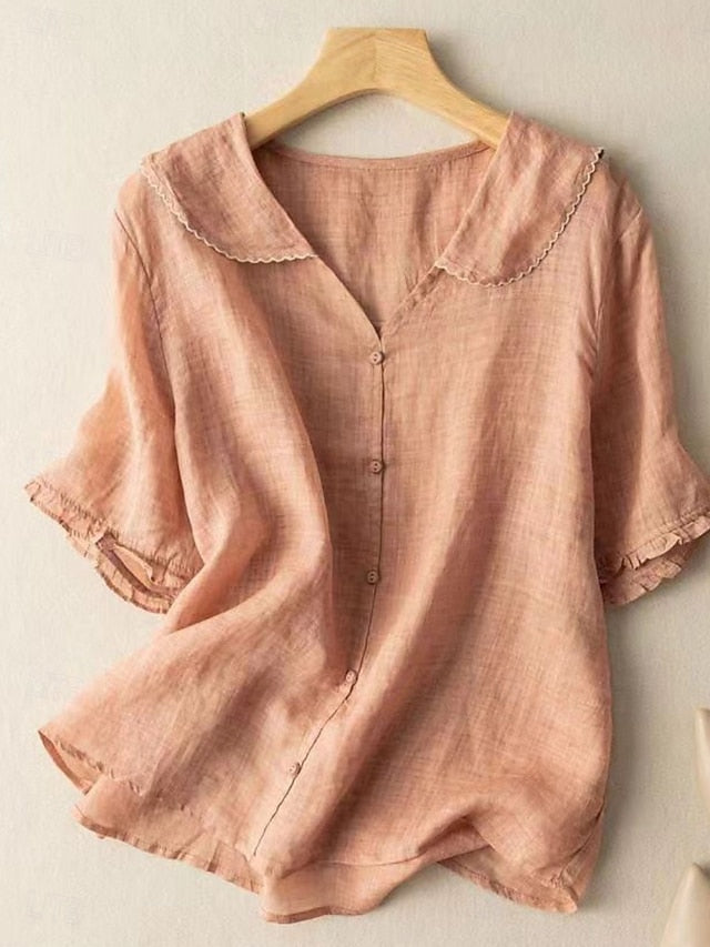 Women's Cotton Linen Shirts Solid Color Basic Casual Short