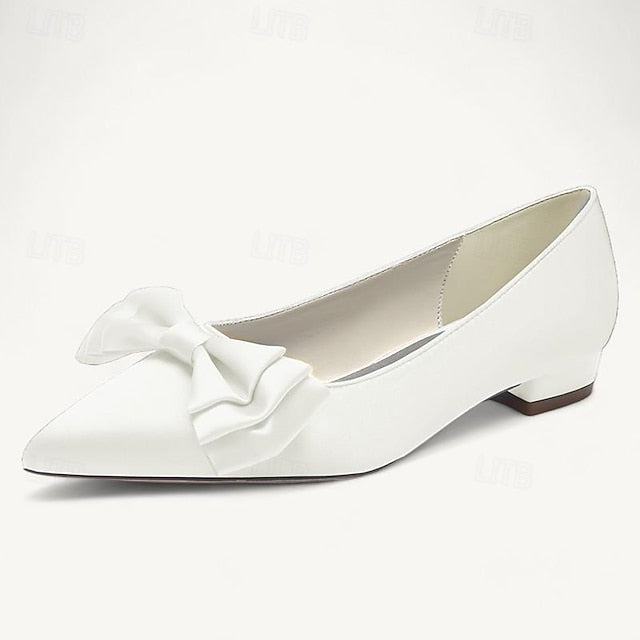 Low Party Women's Pointed Flats Heel Bowknot Shoes Wedding
