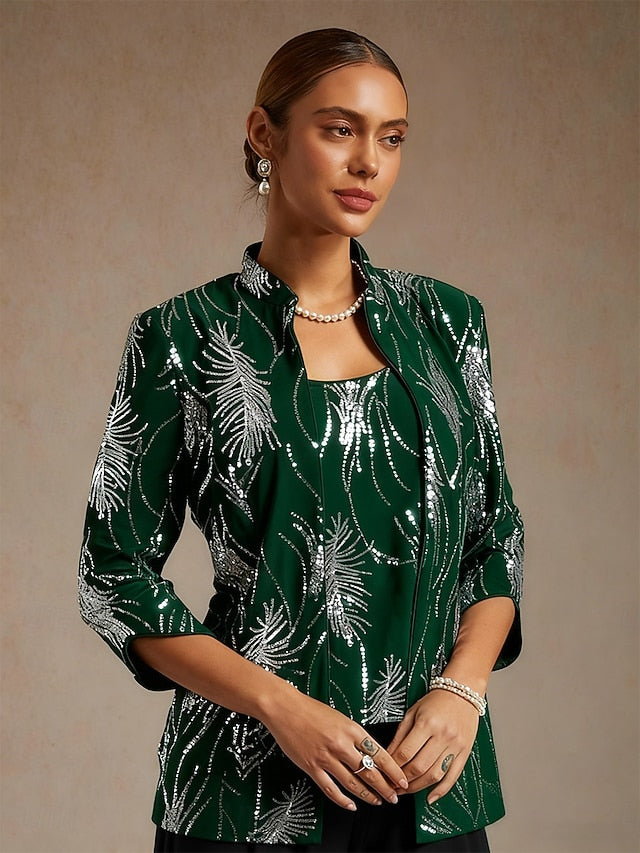 Women's Sequin Tops Twinset Sequins Feather Elegant 3/4