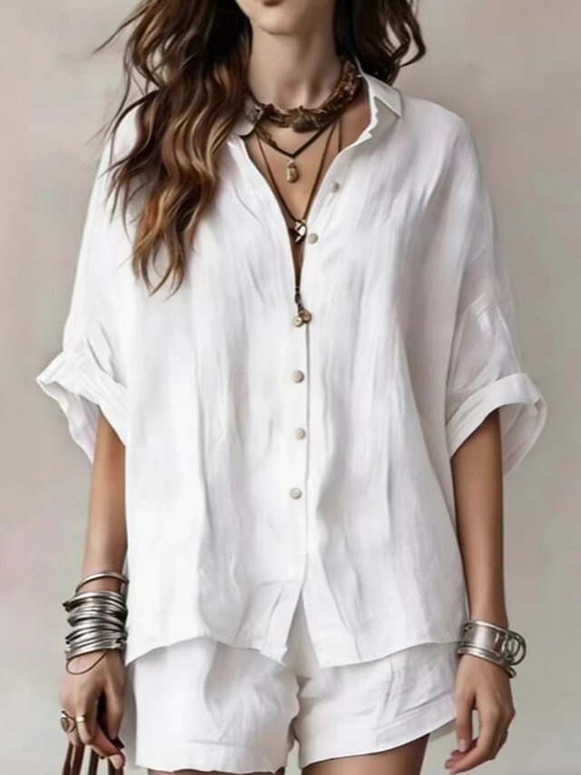 Women's Shorts Sets Long Sleeve Shirt Collar Solid Color