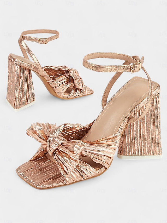 Textured Gold Rose Sandals Heel Knot and with Detail Block