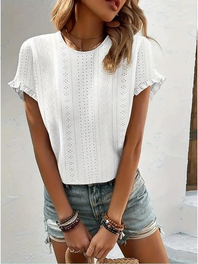 Women's Texture Blouse Eyelet Top Pointelle Tee T Shirt