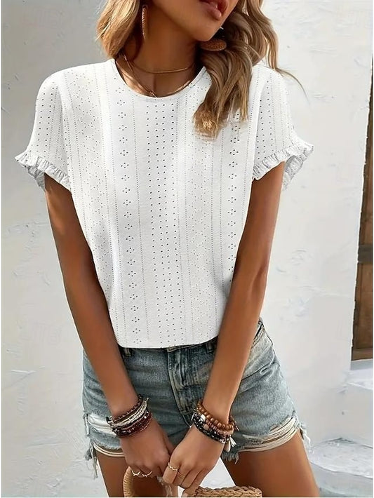 Women's Texture Blouse Eyelet Top Pointelle Tee T Shirt