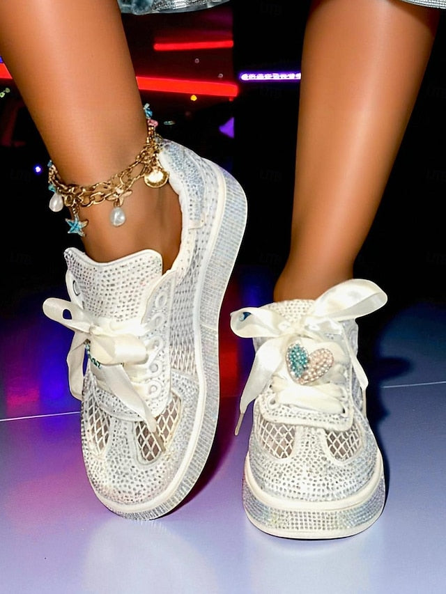 Sneakers Laces with Women's White Satin Ribbon Rhinestone