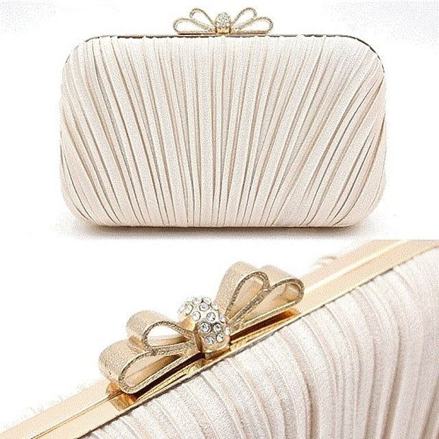 Pleated Rhinestone White Bag Bow – Women's Clutch Elegant