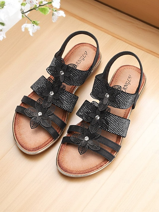 – Floral Sandals Elegant Flat Women's Beige Rhinestone