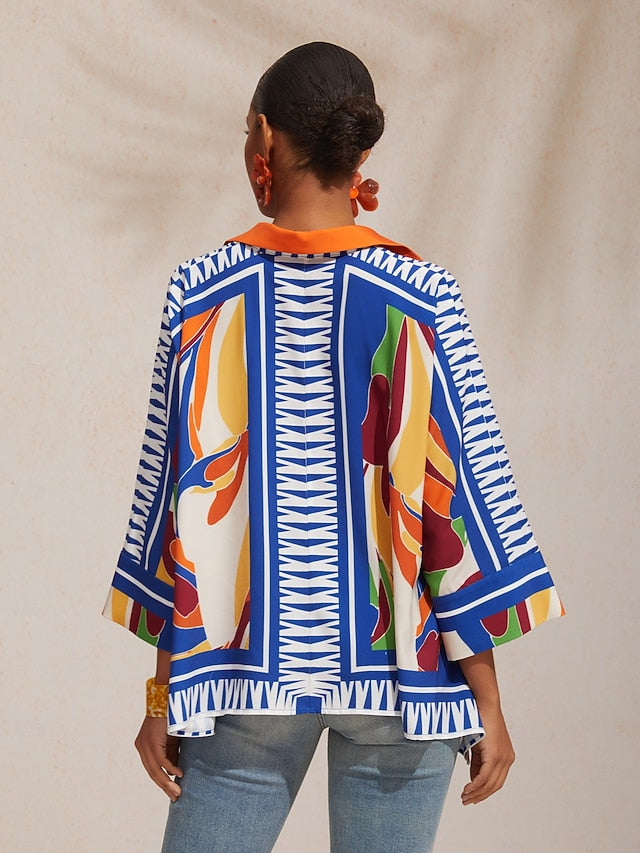 Vacation Geometric Color Block Print Batwing Sleeve Satin Short