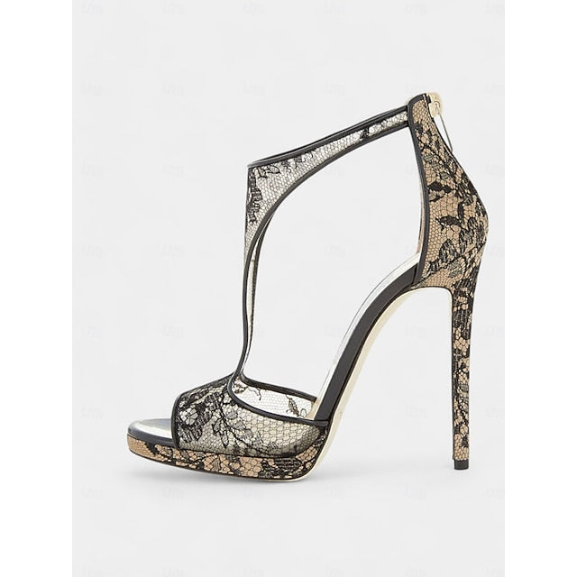 with Black Peep-Toe for Mesh Heels Stiletto Design Lace