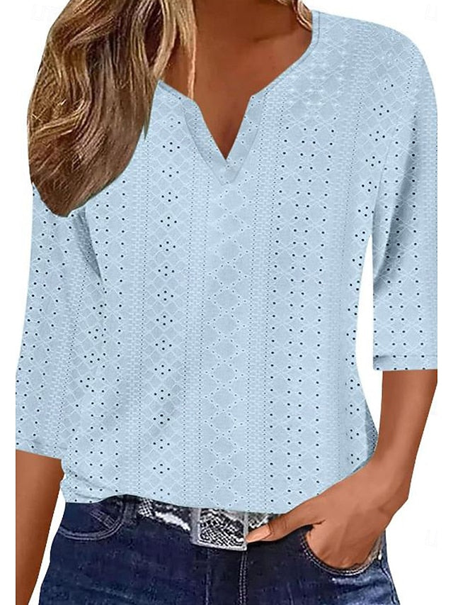 Women's Texture Blouse Eyelet Top Pointelle Tee Blouse