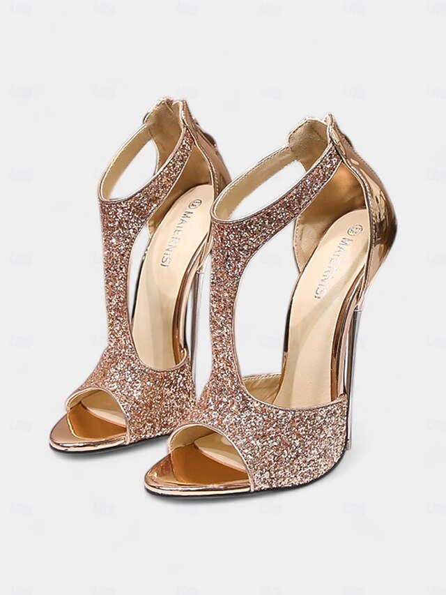 with and Stiletto Design Heels Open for Glitter T-Strap Gold Toe