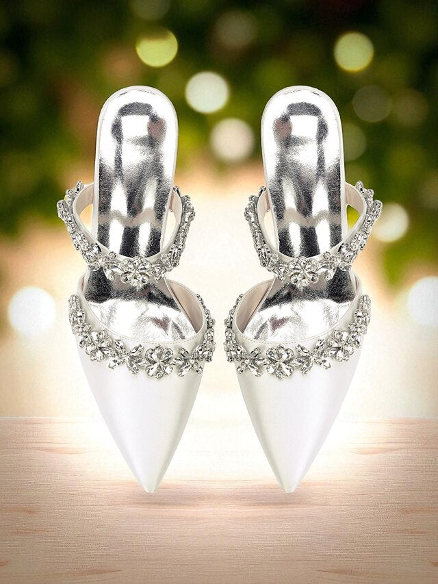 Women's Mules Rhinestone Floral Heel Black Block Satin with