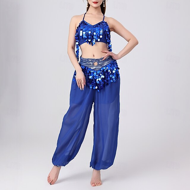 Belly Dance Top Pure Color Splicing Sequins Women's