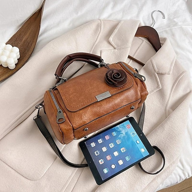 Leather Floral Vintage-Style Handbag Faux Women's with