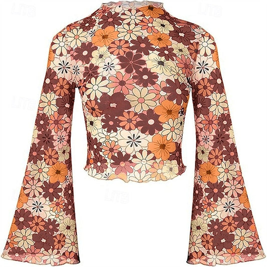 1970s Outfits for Women Bell Sleeve Tops Disco Outfit Floral