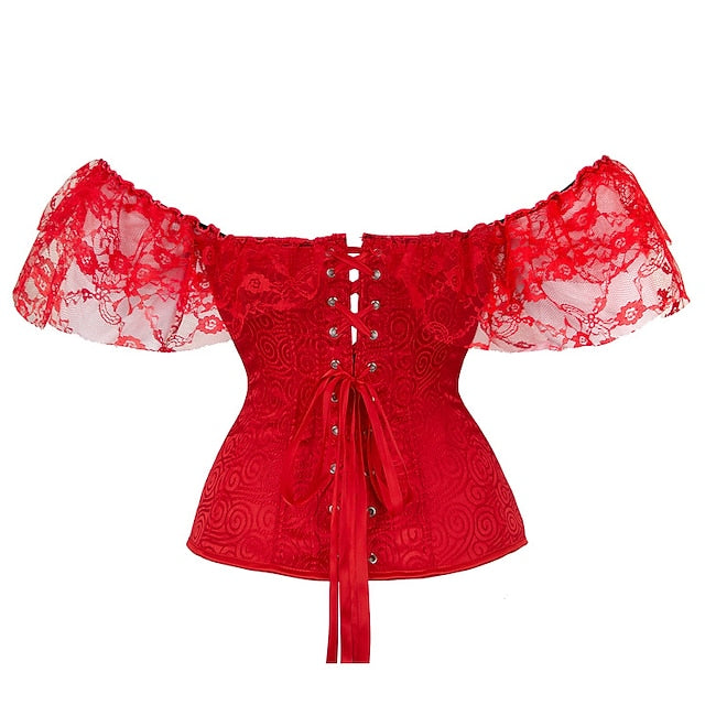 Women Floral Lace Off Shoulder Overbust Corset Bustier Boned