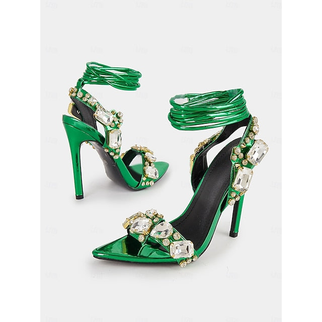 Women's Metallic Heels Lace-Up Stiletto with Green