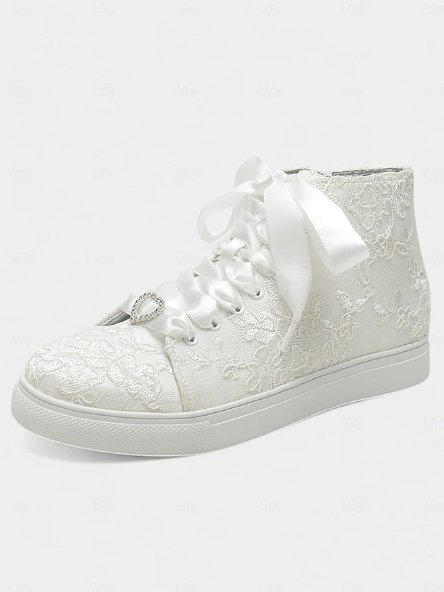 Women's Wedding Ribbon Satin Ivory with Lace Laces Sneakers