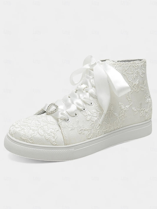 Women's Wedding Ribbon Satin Ivory with Lace Laces Sneakers