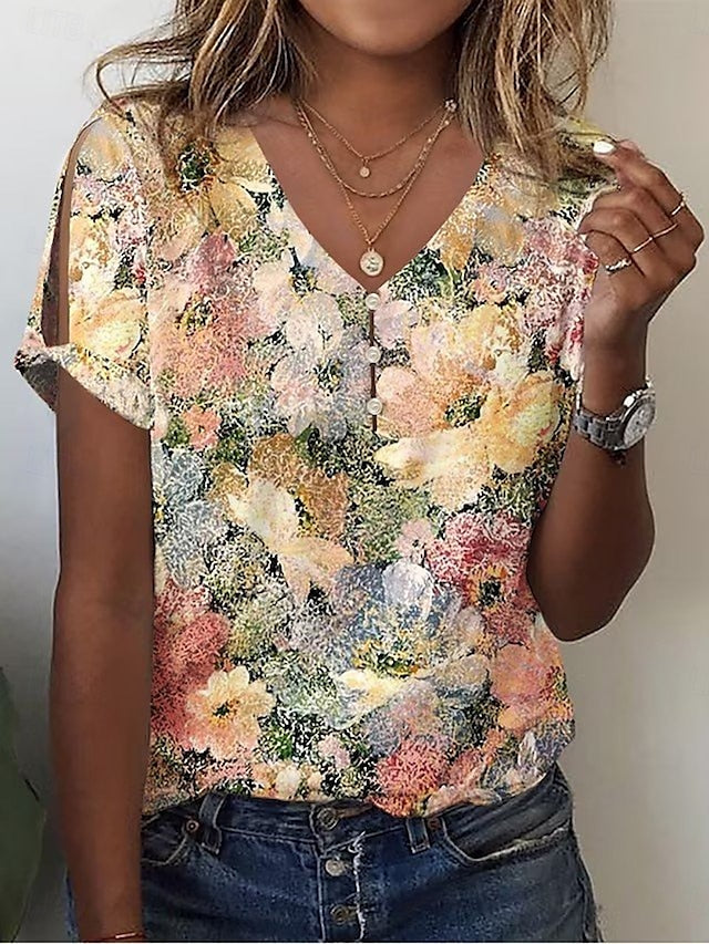 Women's T-Shirt  V Neck Floral Graphic Casual Short Sleeve