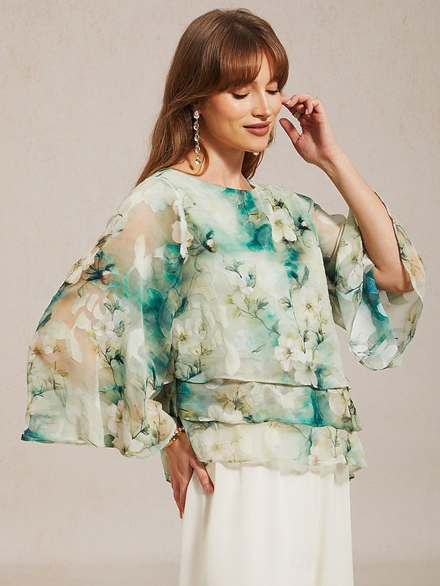 Women's Sheer Blouse Chiffon Tops Lace up Floral Elegant