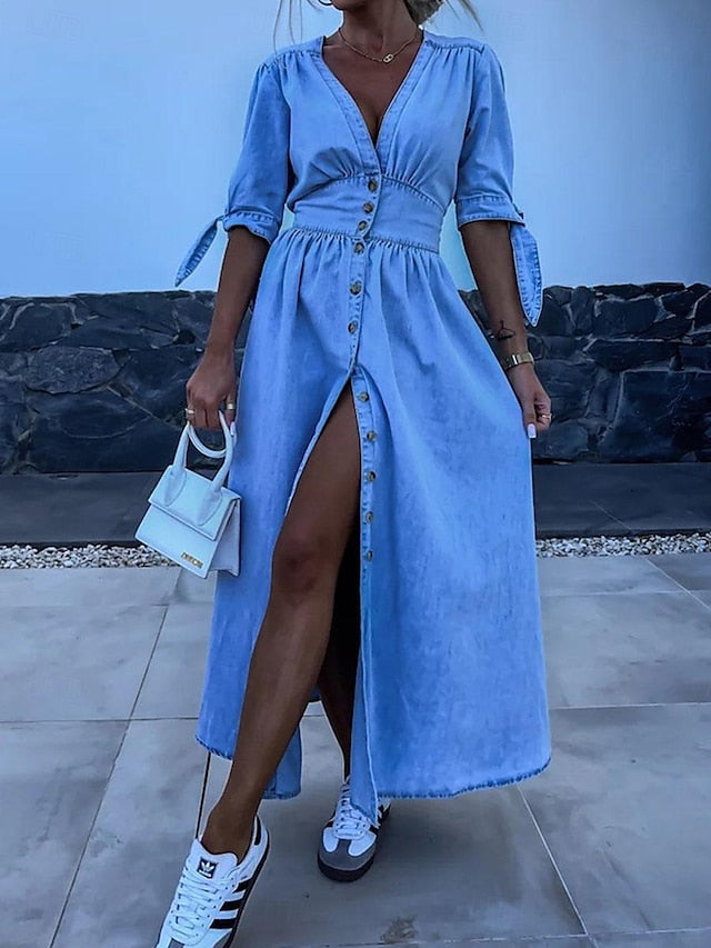 Women's Denim Dress Shirt Dress Maxi long Dress Office