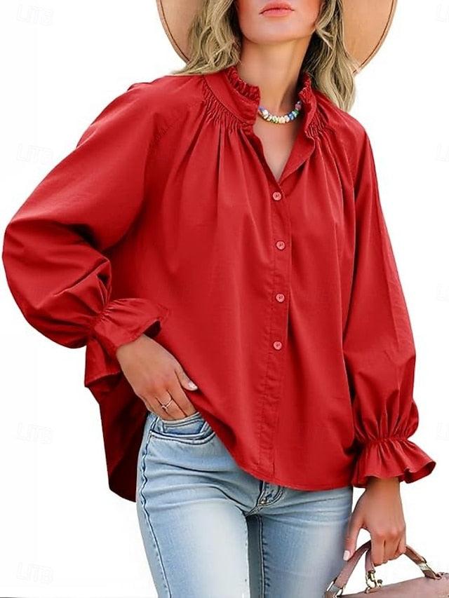 Women's Casual Shirt Button Up Shirt Blouse Ruffle Buttons