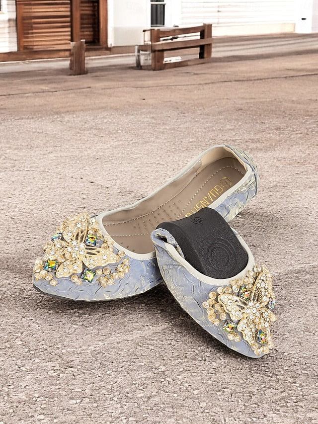 Foldable with Ballet Women's Flats Embroidered Beaded