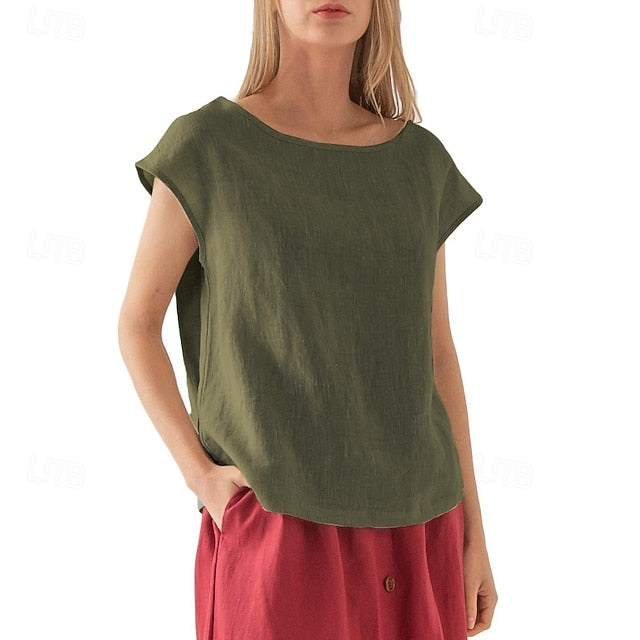 Women's Cotton Linen Shirt T Shirt Tee Top Solid Color