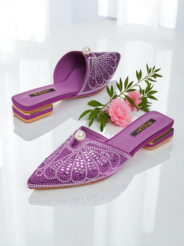 - Detail Pearl Women's Mules Glamorous Rhinestone with Gold