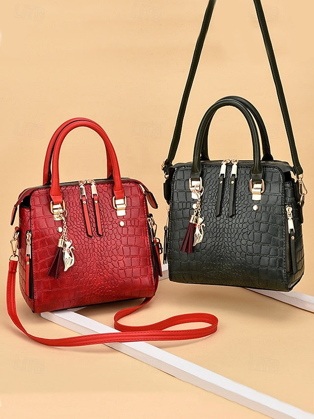 Women's Faux Leather Crocodile Pattern Handbag with Tassel