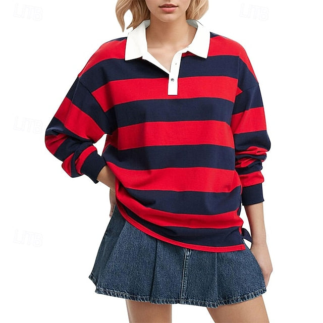 Women's T Shirt Tee Top Buttons Striped Fashion Stylish