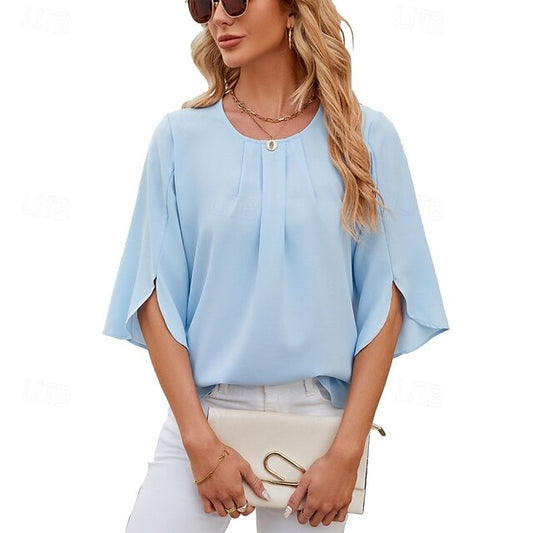 Women's Shirt Blouse Chiffon Tops Ruched Plain Stylish