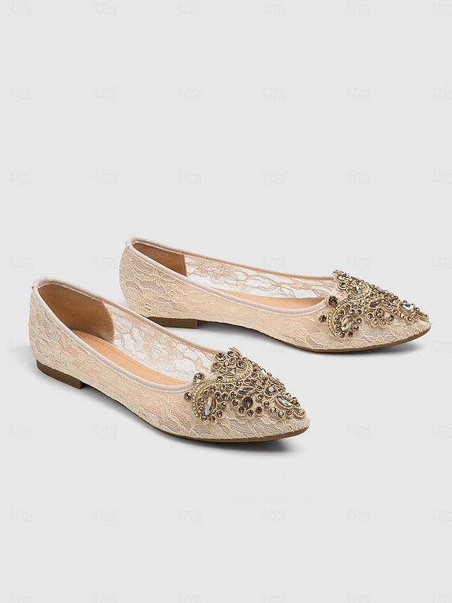 Women's Lace Ballet Ornate Flats Elegant with Beige