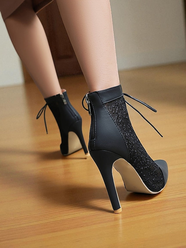 Women's White Stiletto Lace Heels Ankle Booties Mesh with