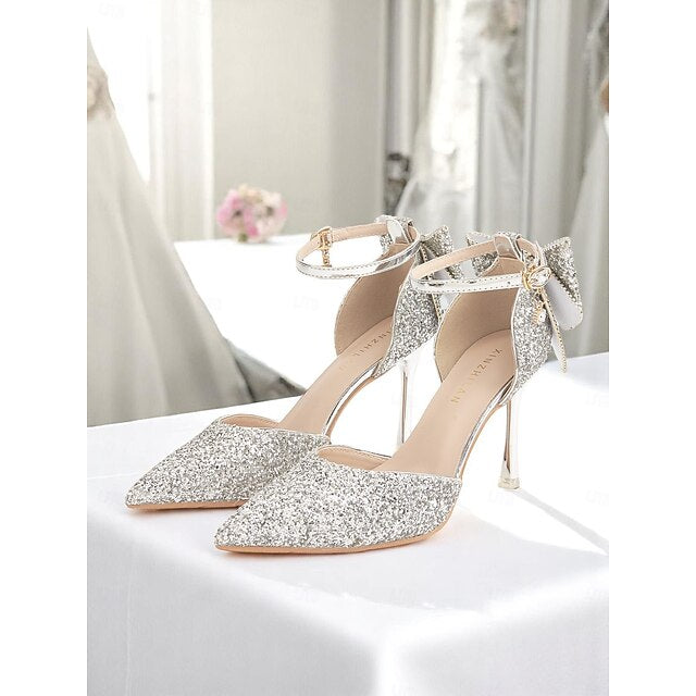Silver Heels Glitter Bow Toe Pointed - Women's Sparkly