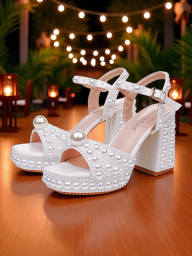 Embellished Pearl Sandals Platform Block Women's White Heel