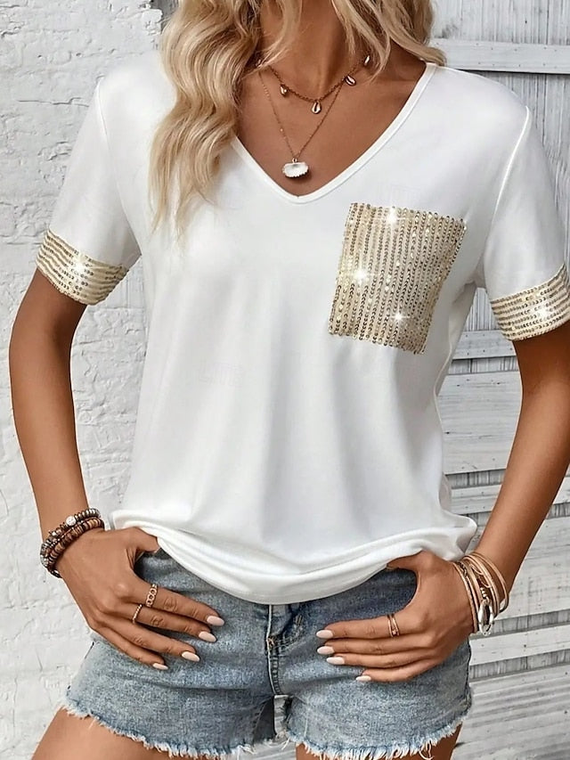 Women's Blouse Sequins Patchwork Pocket Solid Color Basic