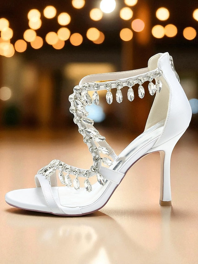 Heel High Women's Sandals White Strappy Rhinestone with