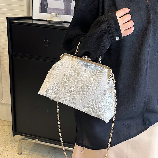 Women's Ivory Sequin Top Handle Clutch with Chain Strap,