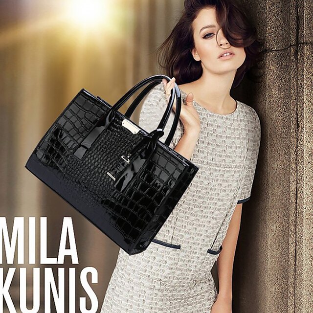 with Crocodile Leather Patent Women's Pattern Handbag Black