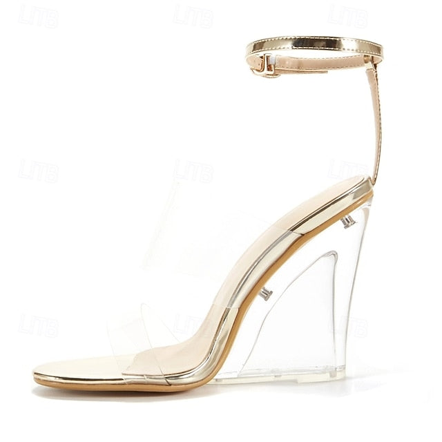 Heels Women's Gold with Clear Wedge and Transparent Straps