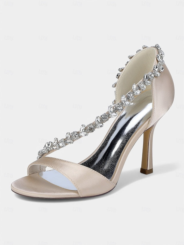 Crystal Heels Satin Champagne Women's – T-Strap with High