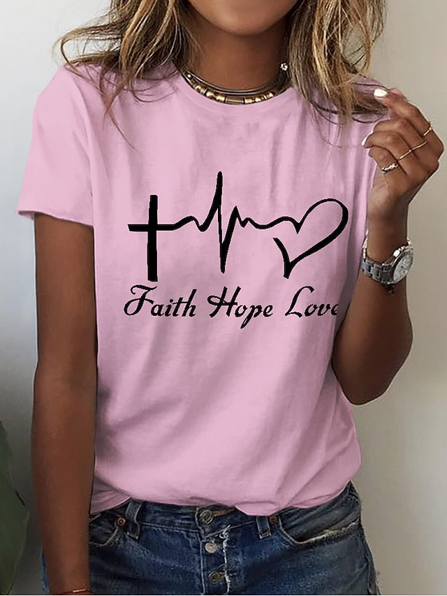 Women's T Shirt Print Heart Letter Basic Short Sleeve Round