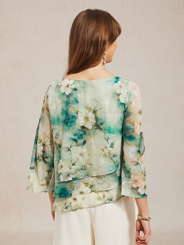 Women's Sheer Blouse Chiffon Tops Lace up Floral Elegant