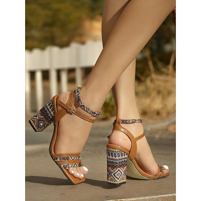 Strap Block Women's Heels Textured Boho-Chic with Patterned