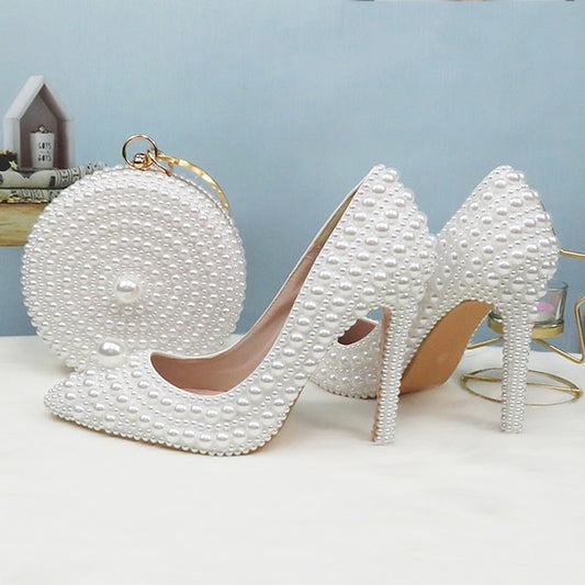 Pearl-Embellished and Round Heels Pearl White Stiletto Set Purse