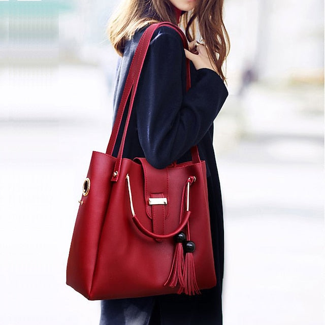 3-Piece Faux Pink Set - Handbag Women's Tote Leather