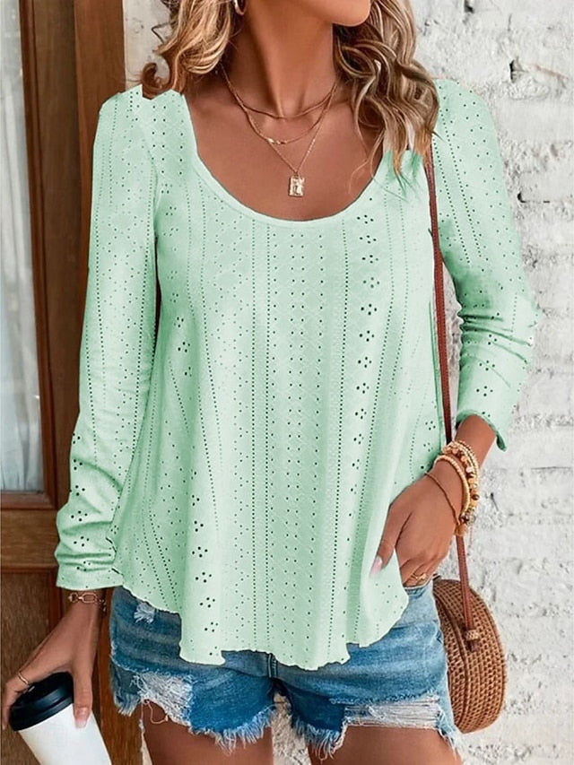 Women's Blouse Eyelet top Long Sleeve Tops Hollow Out Plain