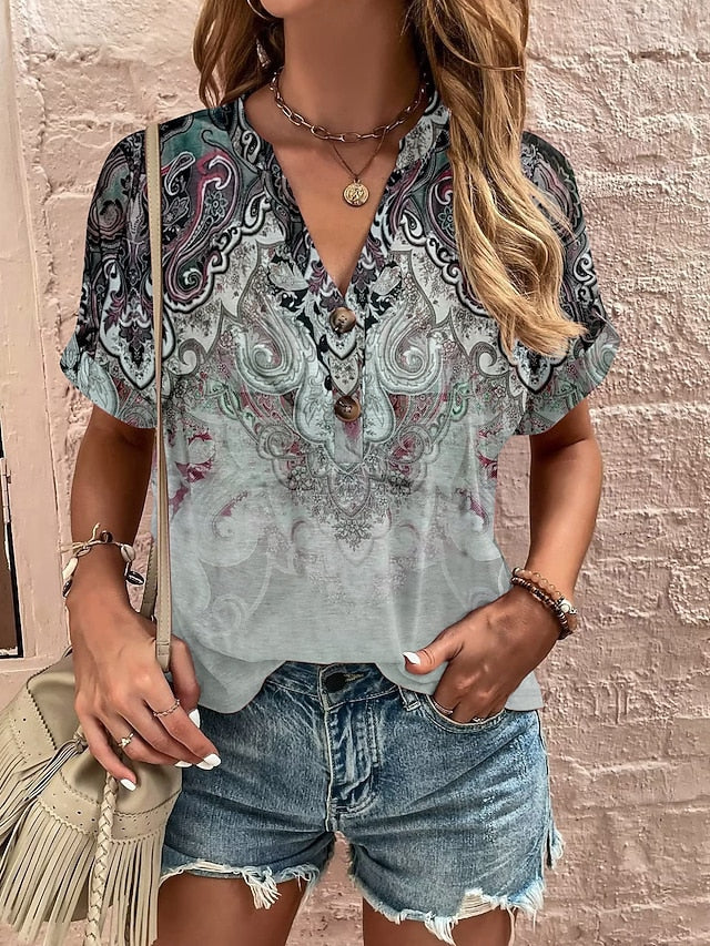 Women's T Shirt Tee Top Buttons Print Ombre Floral Graphic