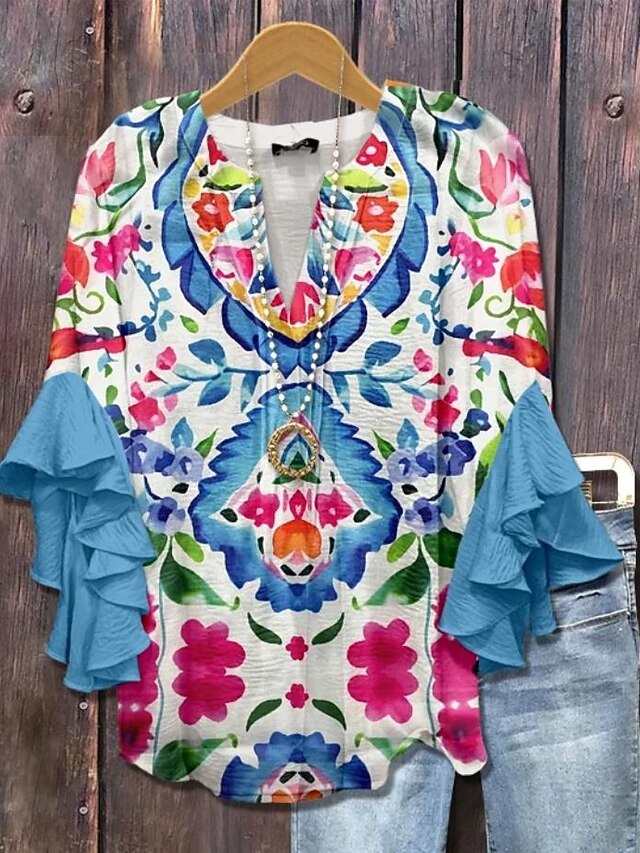 Women's Retro Blouse Layered Ruffle Sleeve Tops Vintage